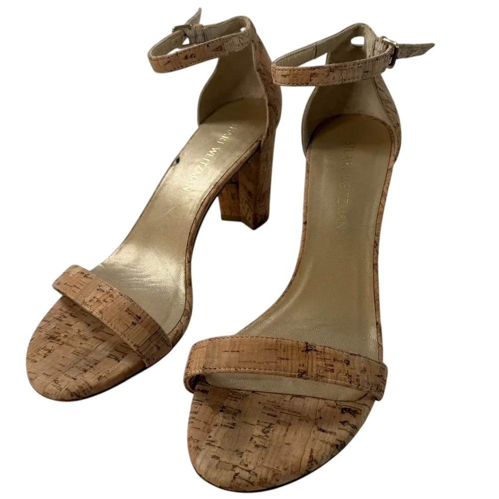 Stuart Weitzman Cork Natural Ankle Strap Block Heel Sandals Tan $398 Size 10
